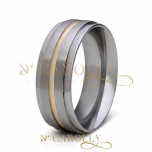 Aliança de Aço Inox Abaulada com Pedra | Fosca | Friso | Filete de Ouro | 8 mm | Par - Imagem 4