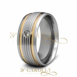 414 / 414-1 : Aliança de Aço Inox Abaulada com Pedra | Frisos | 2 Filetes de Ouro | 8 mm | Par - Imagem 4