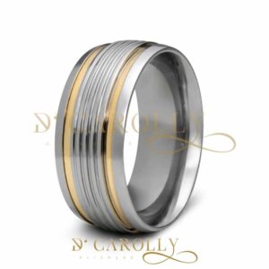 414 / 414-1 : Aliança de Aço Inox Abaulada com Pedra | Frisos | 2 Filetes de Ouro | 8 mm | Par - Imagem 5