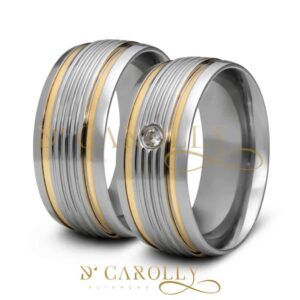 414 / 414-1 : Aliança de Aço Inox Abaulada com Pedra | Frisos | 2 Filetes de Ouro | 8 mm | Par - Imagem 3